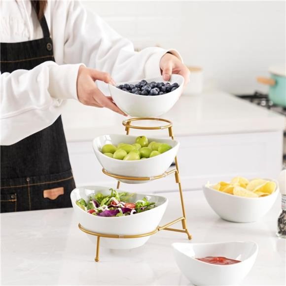 3Tier Bowl Set with Metal Rack, Ceramic Fruit Bowl Serving, Tiered Serving Stand - Picture 5 of 6